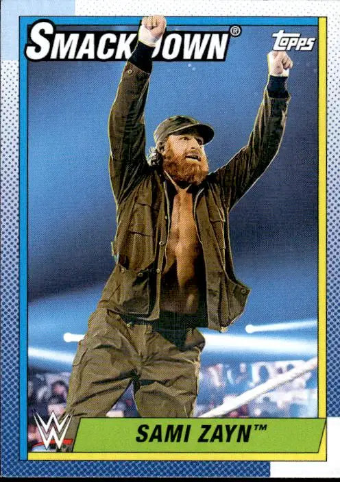 WWE trading card of Sami Zayn celebrating in a brown jacket from Topps Heritage WWE