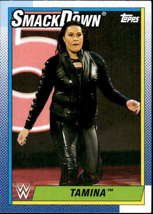 WWE SmackDown trading card of Tamina in black leather attire from Topps Heritage WWE