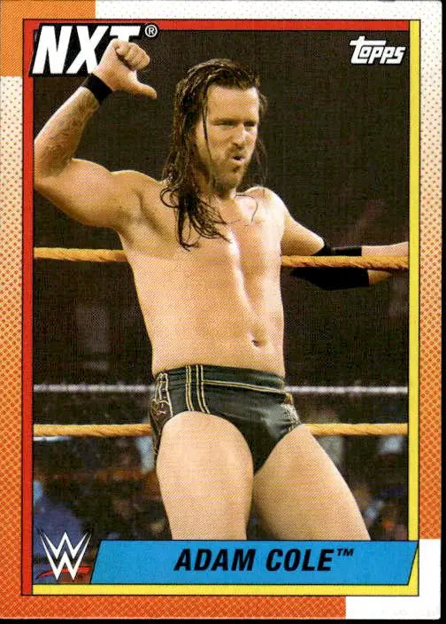 Topps Heritage WWE card featuring Adam Cole in black trunks showcasing his wrestling stance