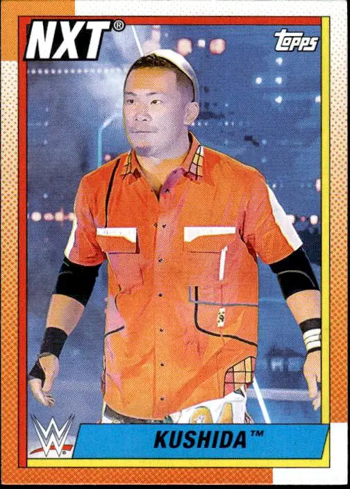 WWE NXT trading card of Kushida in an orange shirt from Topps Heritage WWE set