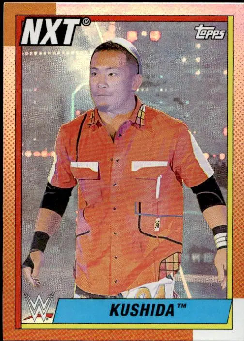 WWE NXT trading card of Kushima in orange shirt from Topps Heritage WWE #88 Rainbow Foil