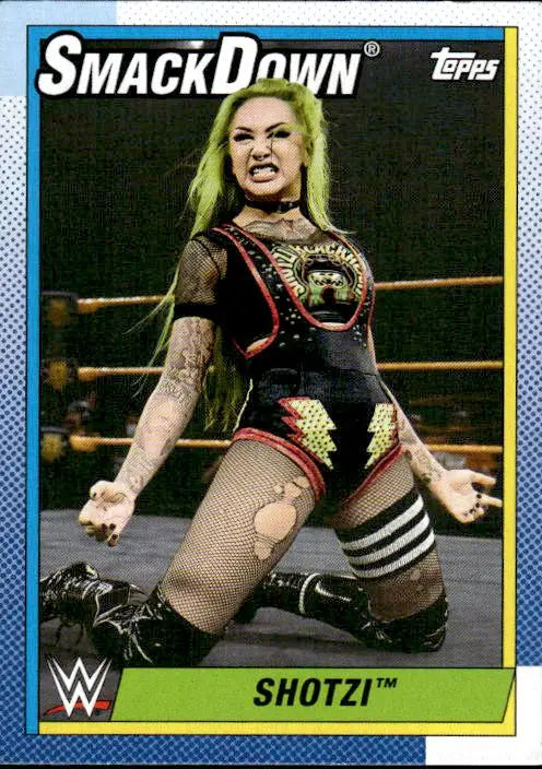 Topps Heritage WWE trading card of Shotzi in black and red attire with championship belt