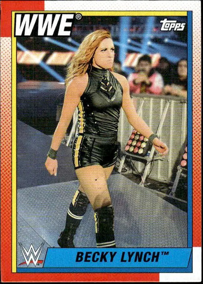 Becky Lynch in black ring gear with yellow accents on 2021 Topps Heritage WWE trading card