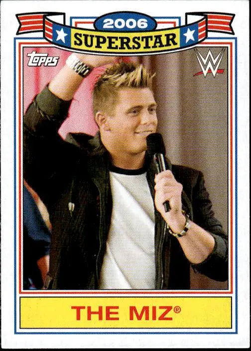 WWE trading card featuring The Miz with microphone from 2021 Topps Heritage WWE series