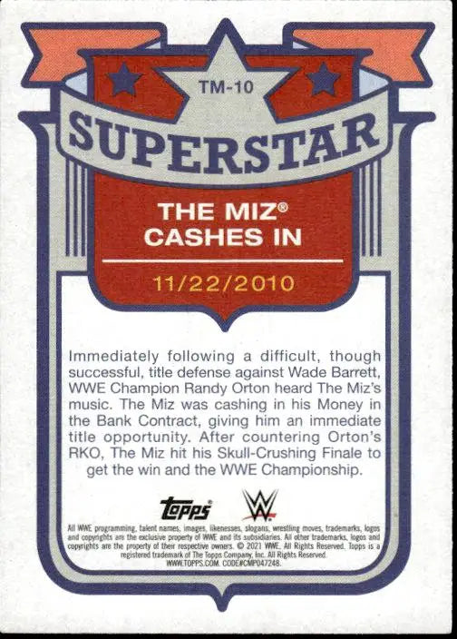 WWE trading card of The Miz cashing in from Topps Heritage WWE 2021 set