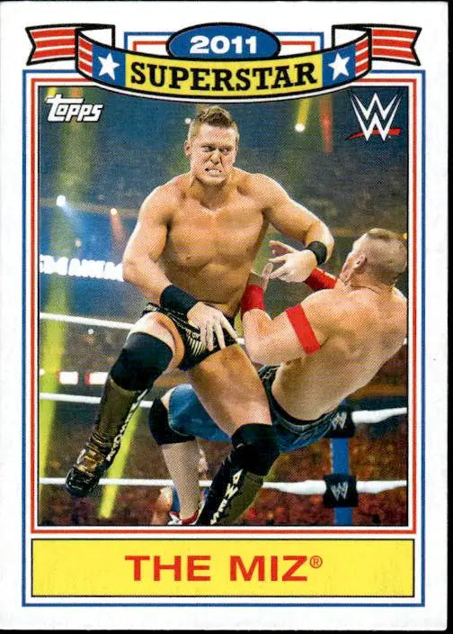 WWE trading card showcasing The Miz def. John Cena in 2021 Topps Heritage WWE series