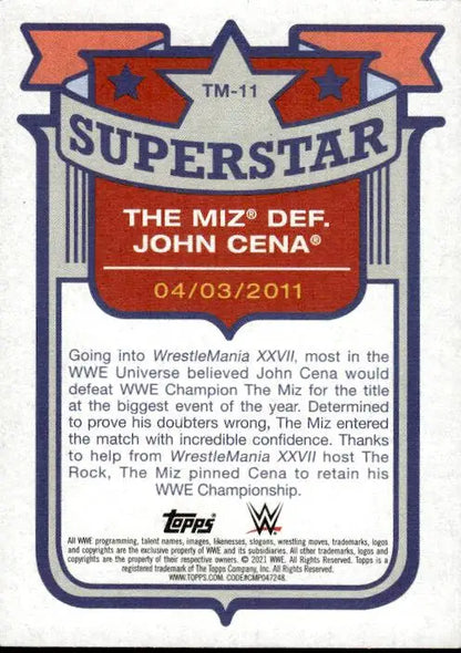 WWE trading card of The Miz def. John Cena at WrestleMania XXVII Topps Heritage WWE