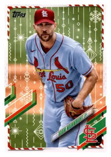 Baseball card of Adam Wainwright in 2021 Topps Holiday Mega Box with original gloss