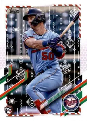 Baseball card featuring Minnesota Twins Brent Rooker in light blue uniform #50 swinging bat