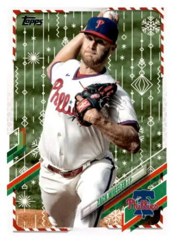 Baseball player in Phillies uniform pitching, featured in 2021 Topps Holiday Mega Box