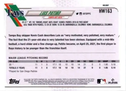 2021 Topps Holiday Mega Box HW163 Luis Patino NM-MT RC Rookie Rays baseball card stats