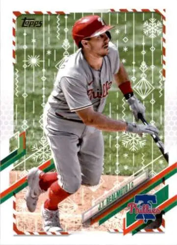 Baseball player in Philadelphia Phillies gray uniform running with bat from 2021 Topps Holiday Mega Box