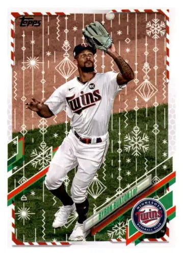 Baseball player in Minnesota Twins uniform catching ball in Topps Holiday Mega Box card