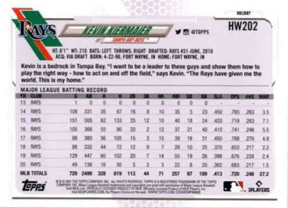 Baseball card of Kevin Kiermaier with stats from 2021 Topps Holiday Mega Box NM-MT Rays