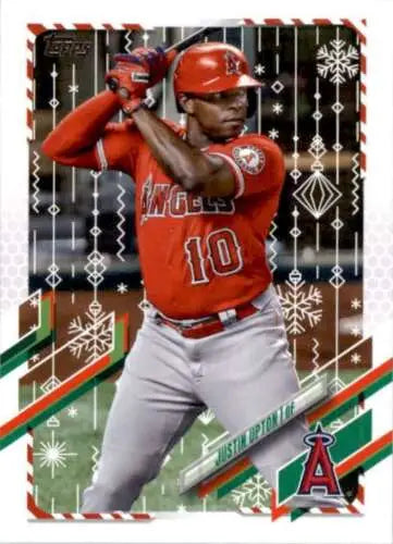 Baseball card of Justin Upton in red Angels uniform, original gloss collectible