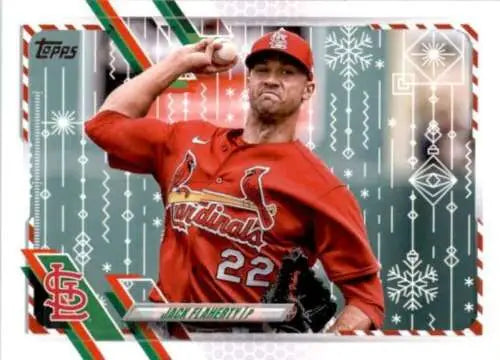 Baseball card of Jack Flaherty in red uniform #22 from 2021 Topps Holiday Mega Box