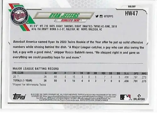 Ryan Jeffers baseball card from 2021 Topps Holiday Mega Box featuring original gloss