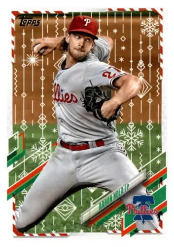 Baseball card of Aaron Nola from 2021 Topps Holiday Mega Box with original gloss