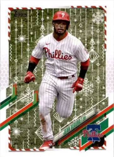 Baseball card of Jean Segura from 2021 Topps Holiday Mega Box, featuring original gloss