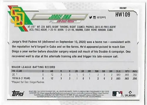 Baseball card back of 2021 Topps Holiday Jorge Ona NM-MT RC showcasing original gloss