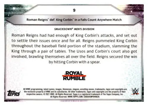 WWE trading card featuring Roman Reigns vs. King Corbin, original gloss finish