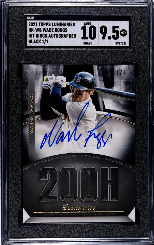 Signed Wade Boggs Boston Red Sox baseball card in graded case with 200H design