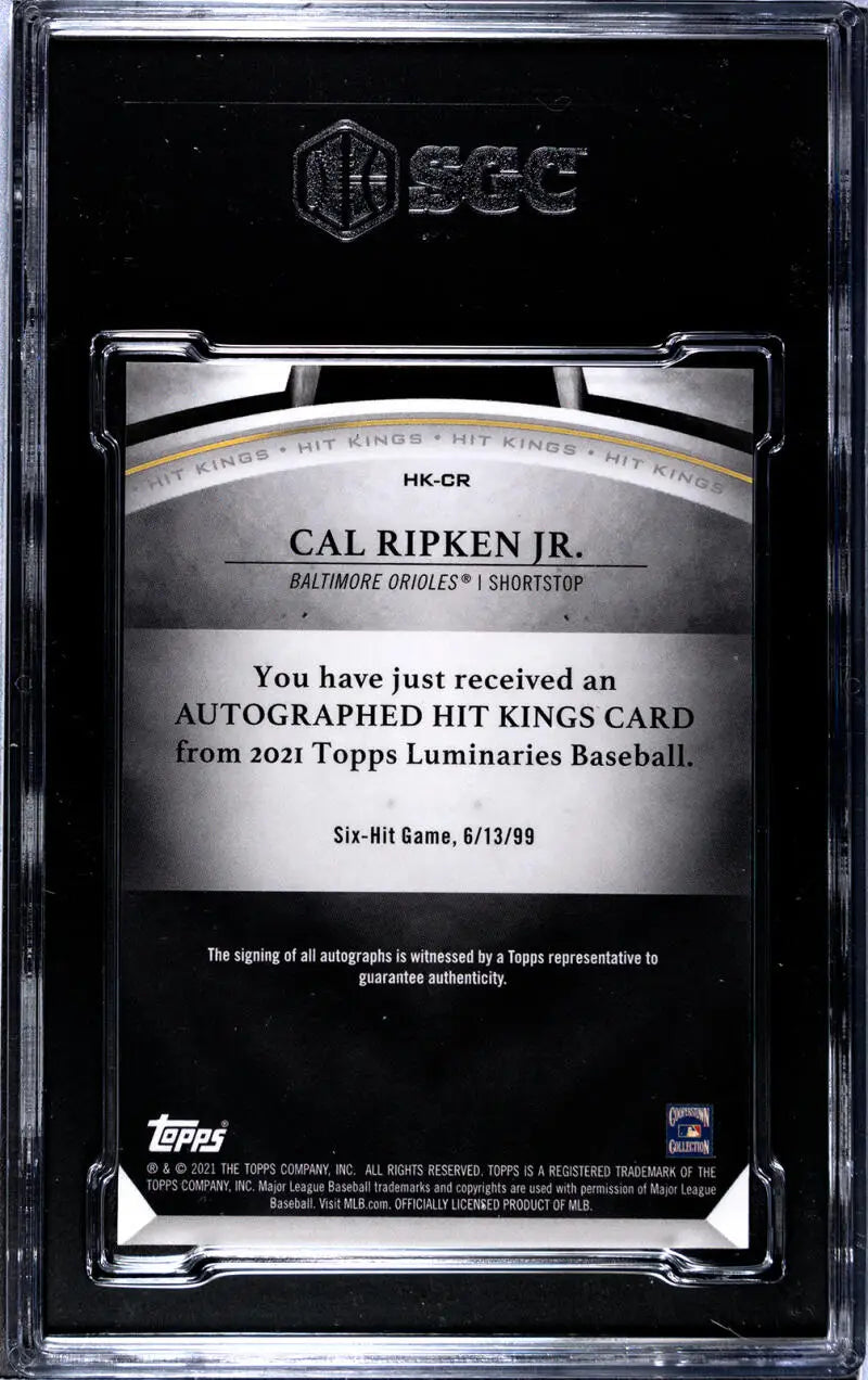 Back side of Cal Ripken Jr. baseball card showing certification and authentication details