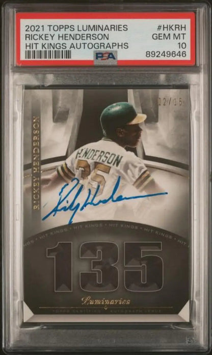 PSA-graded 2021 Topps Luminaries Rickey Henderson Oakland Athletics Gem Mint Auto 2/15 card