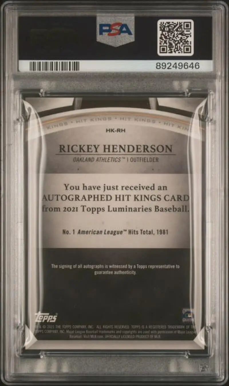 PSA-graded back of Rickey Henderson autographed GEM MINT Hit Kings card for Oakland Athletics