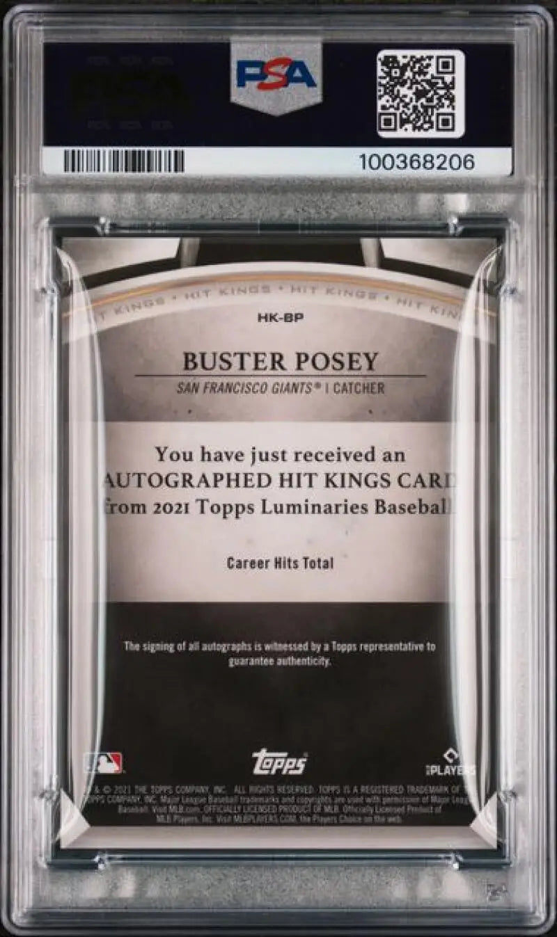 PSA-graded back of 2021 Topps Luminaries Hit Kings Buster Posey card for San Francisco Giants