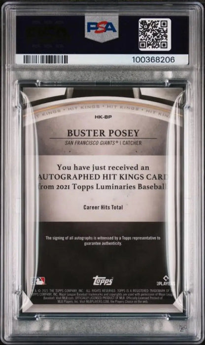 PSA-graded back of 2021 Topps Luminaries Hit Kings Buster Posey card for San Francisco Giants