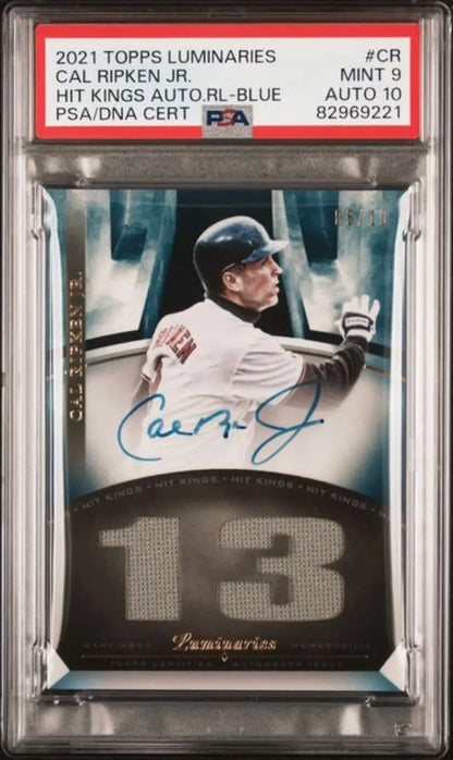 Graded Cal Ripken Jr. Hit Kings Relics Blue baseball card with jersey patch and autograph