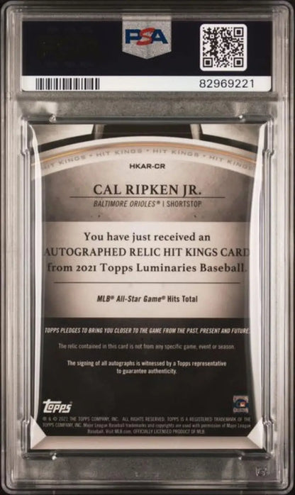 PSA-graded autographed Cal Ripken Jr. baseball card in protective case, Baltimore Orioles collectible