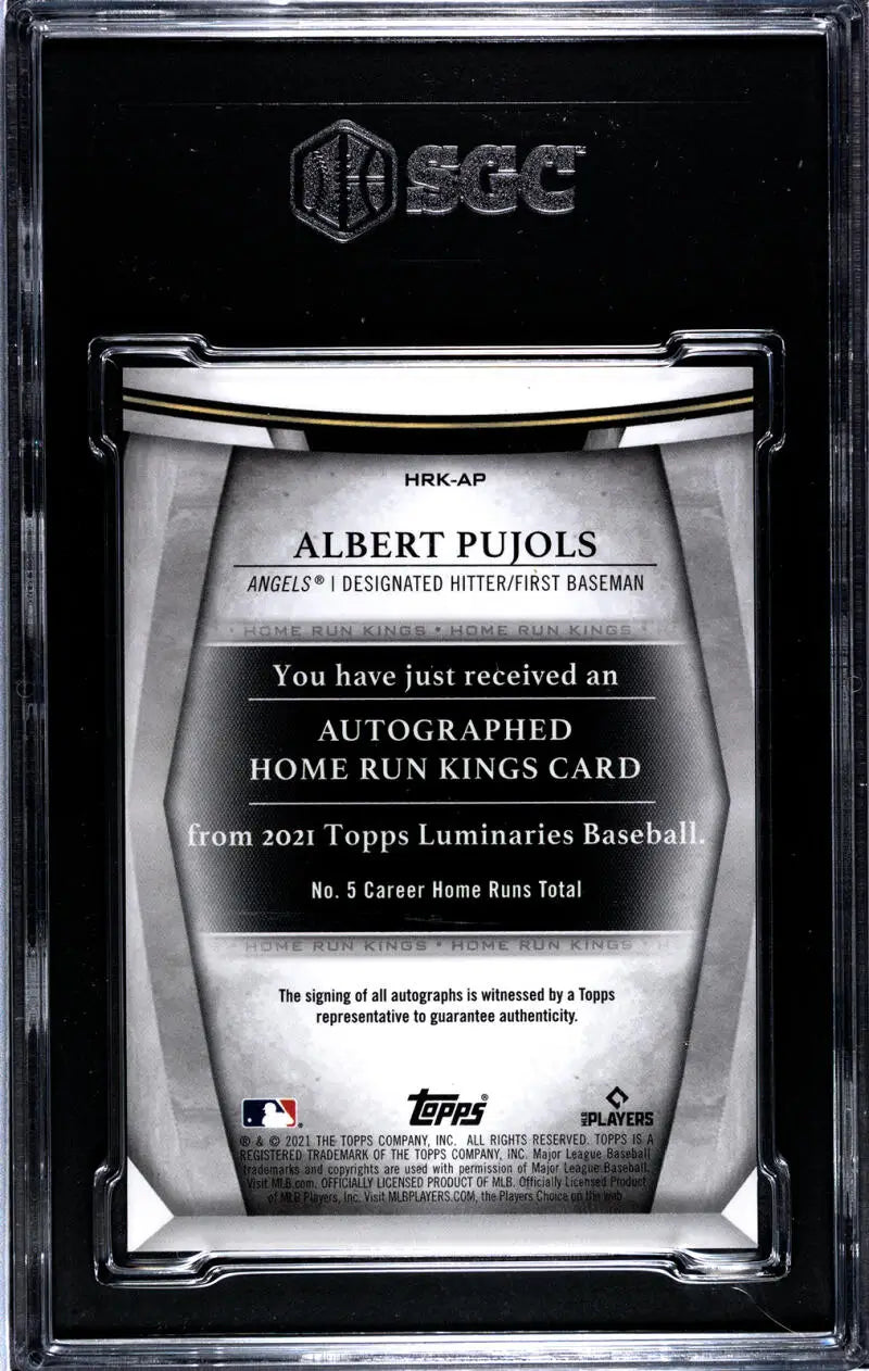 Back side of 2021 Topps Luminaries Albert Pujols Home Run Kings Gem Auto card showing authentication