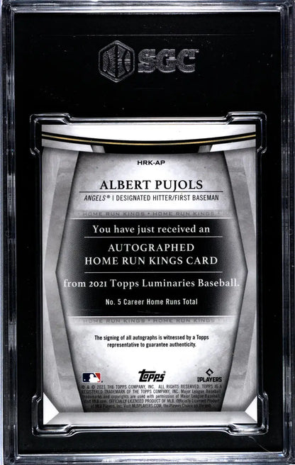 Back side of 2021 Topps Luminaries Albert Pujols Home Run Kings Gem Auto card showing authentication