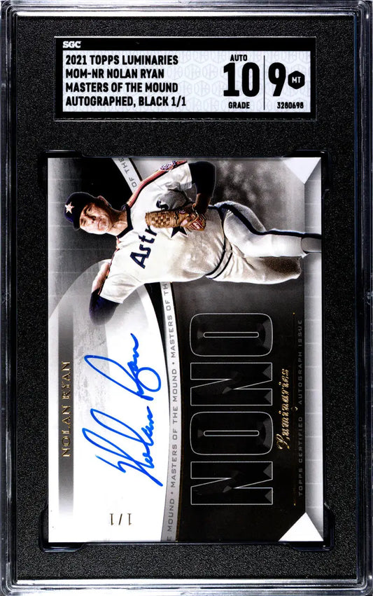 Graded baseball card of Nolan Ryan, Houston Astros, autographed black and white pitcher photo