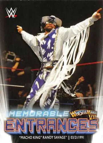 WWE trading card of Macho King Randy Savage in white and purple attire, original gloss