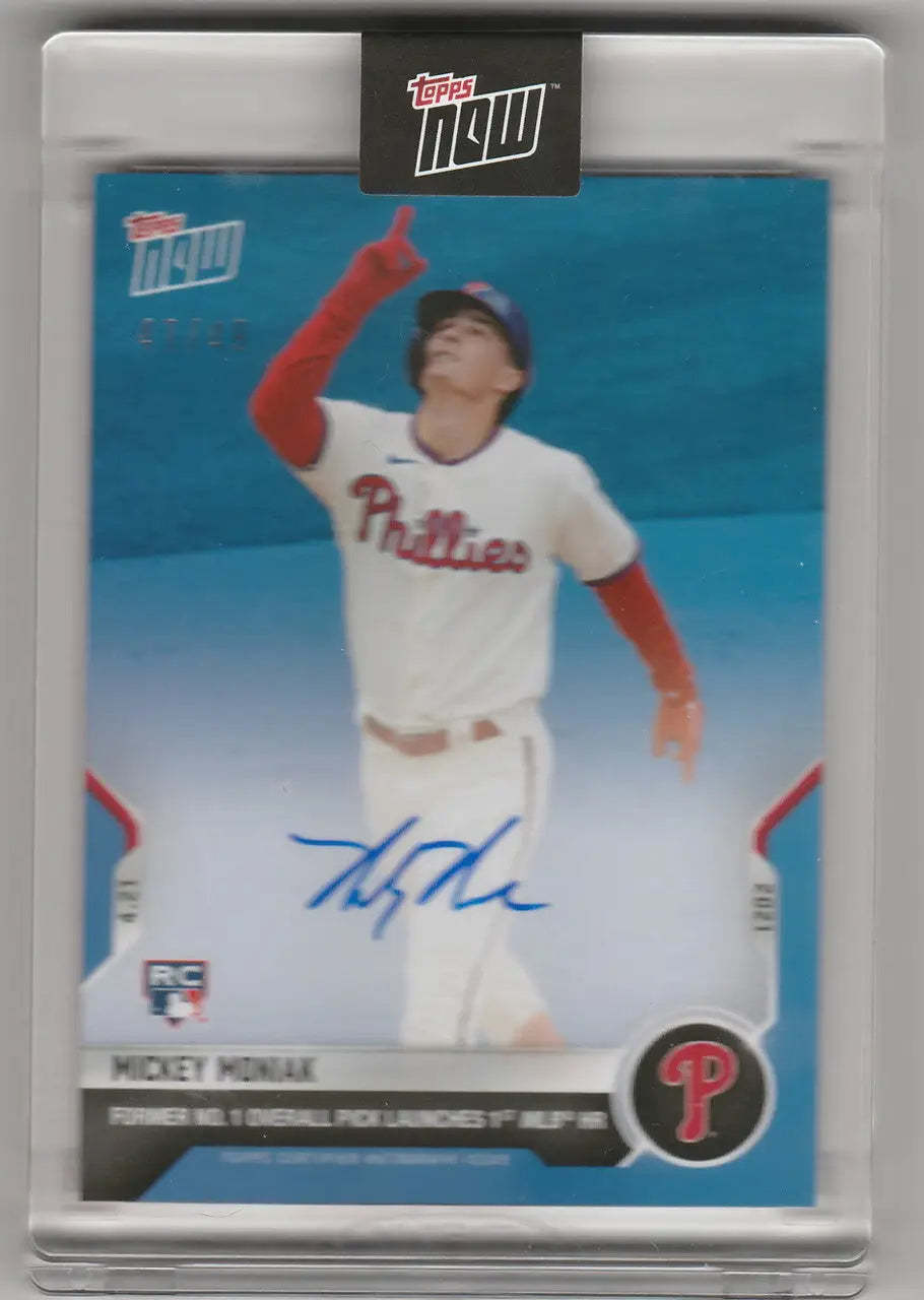 Autograph Mickey Moniak 107B card featuring Philadelphia Phillies player in white uniform