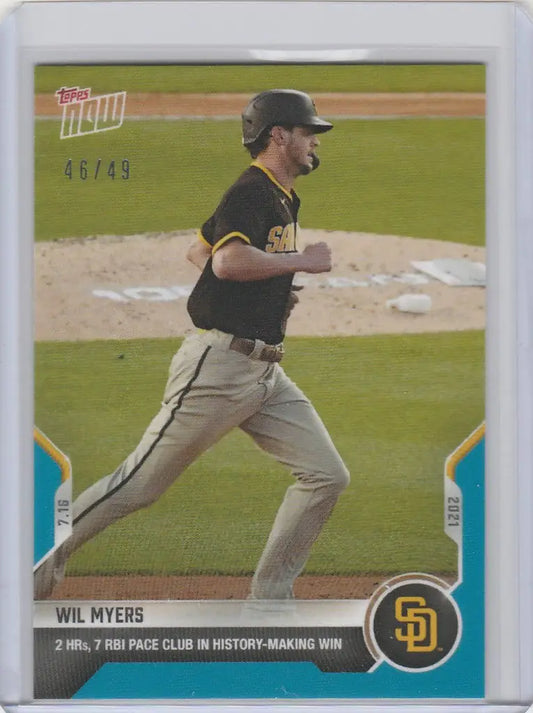 Baseball card of Wil Myers running on field for San Diego Padres 2021 Topps Now Parallel