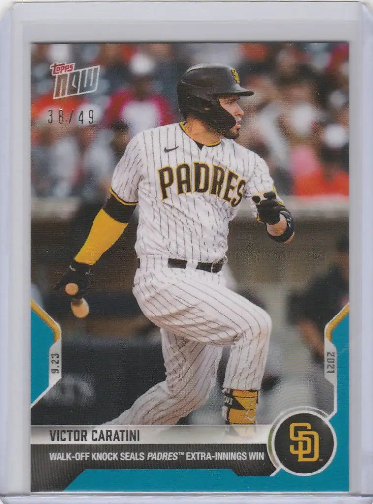 Baseball card of Victor Caratini San Diego Padres in batting stance, 2021 Topps Now Parallel