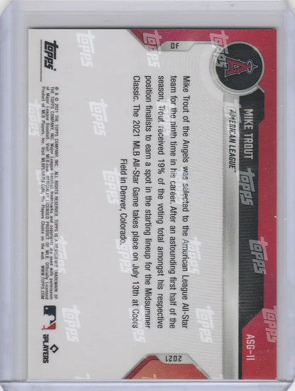 Back of 2021 Topps Now Platinum All Star Game Mike Trout Los Angeles Angels trading card