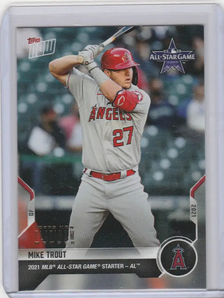 Baseball card of Mike Trout in batting stance, Los Angeles Angels jersey number 27