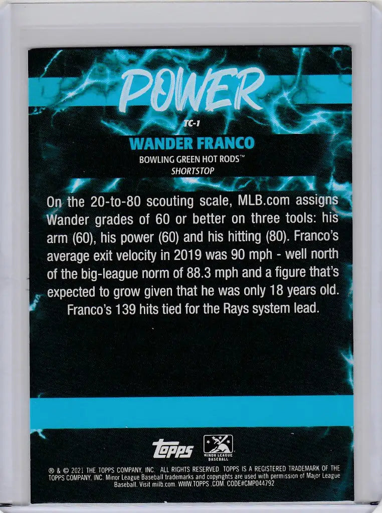 Baseball trading card of Wander Franco Tampa Bay Rays with player statistics and info