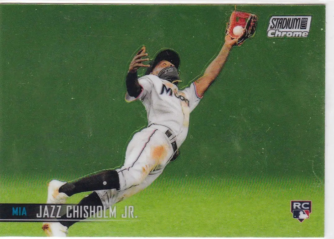 Baseball player diving catch in Miami Marlins uniform from Topps Stadium Club Chrome card