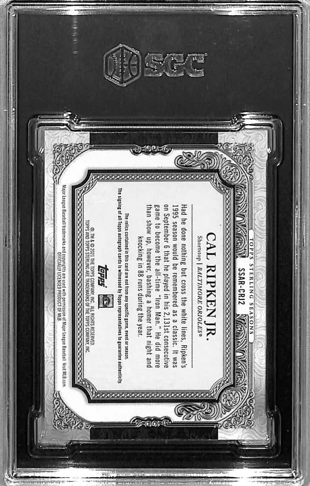 Cal Ripken Jr. 2021 Topps Sterling Seasons Relics card in protective case, Baltimore Orioles