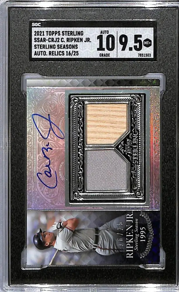 Graded Cal Ripken Jr. autograph card with uniform swatches in Topps Sterling Seasons design