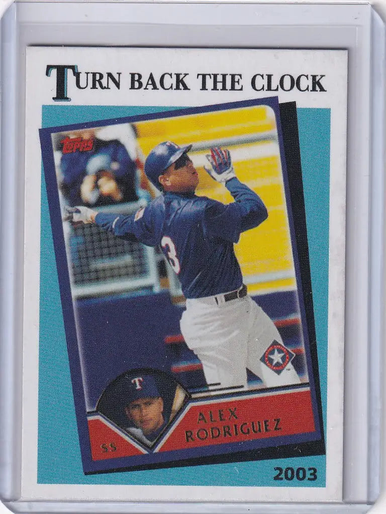 Baseball card of Alex Rodriguez Texas Rangers in a Topps Throwback Thursday design