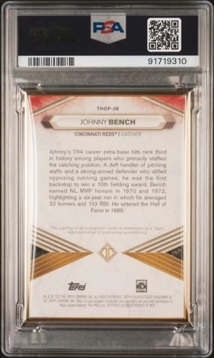 Back side of 2021 Topps Transcendent MLB Johnny Bench PSA 9 MINT Auto baseball card