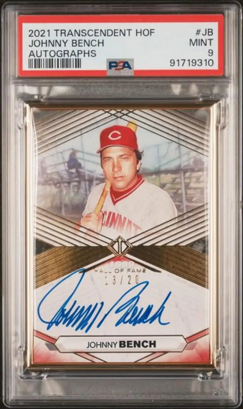 PSA-graded Johnny Bench autographed 2021 Topps Transcendent MLB Reds baseball card