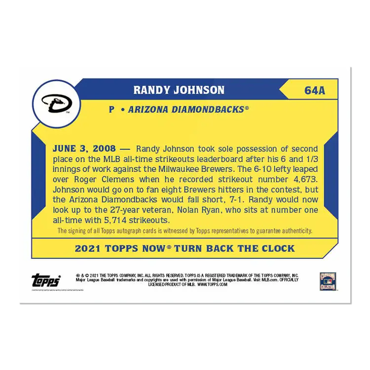 Baseball trading card of Randy Johnson Arizona Diamondbacks from Topps Turn 2021